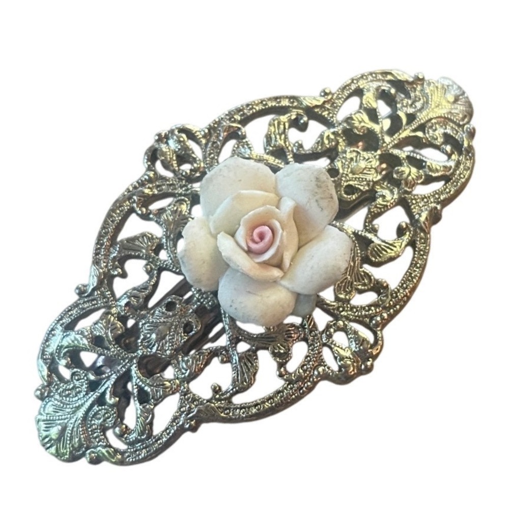 Vintage Gold Filigree Rose Hair Barrette French Clip Floral Wedding Accessory